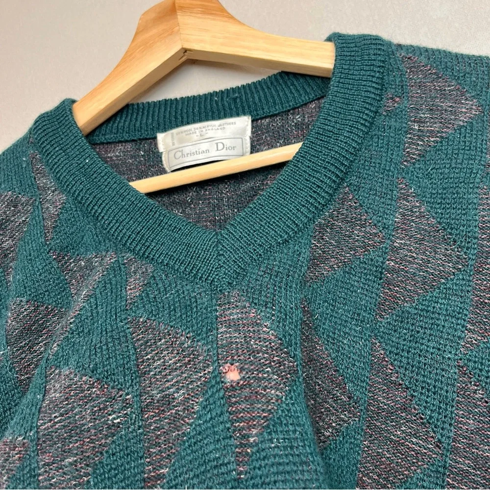 Vintage Christian Dior V Neck Wool Acrylic Blend Green‎ Triangles Print Size L